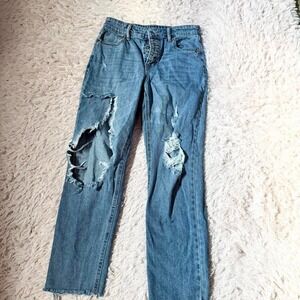 Distressed Light Wash Straight Leg Grunge Rugged Button Close Jeans Womens 2